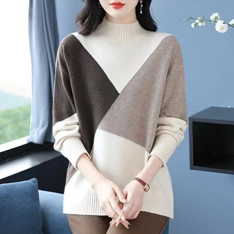 Patchwork Color Pulls Woman Clothing Spring Autumn Loose Turtleneck Winter Sweater Tops Female Warm Knitwear Woolen Blouse