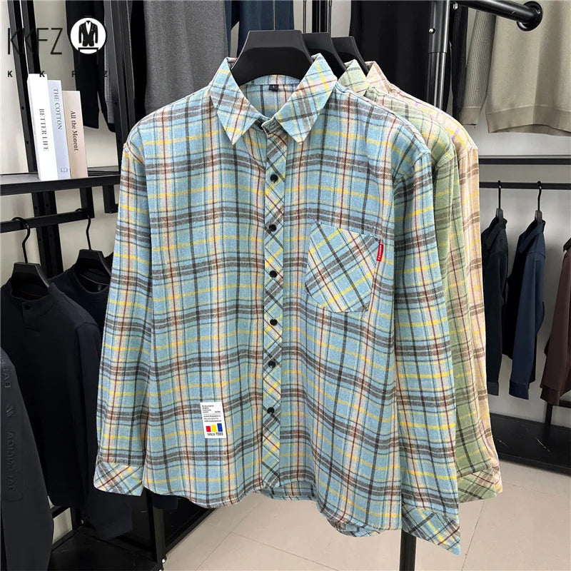 Street Fashion Plaid Shirt Loose Fit Chest Pocket Woven Label Autumn Casual Button Down Layered Overshirt