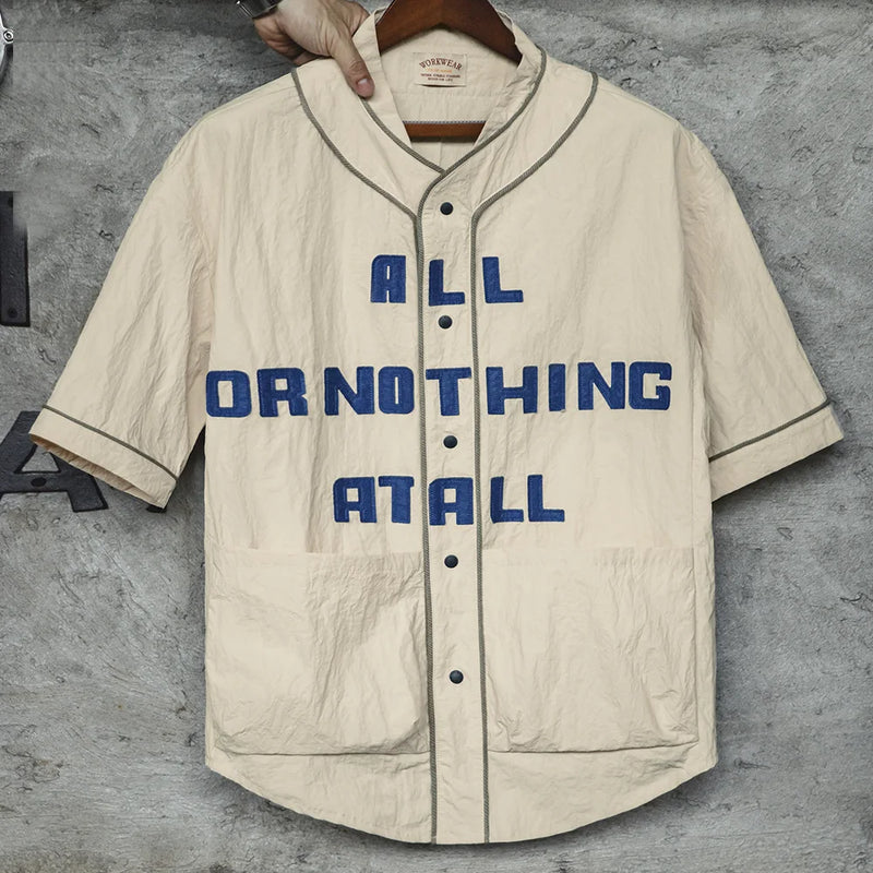 Maden Retro Wrinkled Baseball Collar Shirt Vibe Sports Letter Short-sleeved Cardigan Shirt for Men's Summer Tops