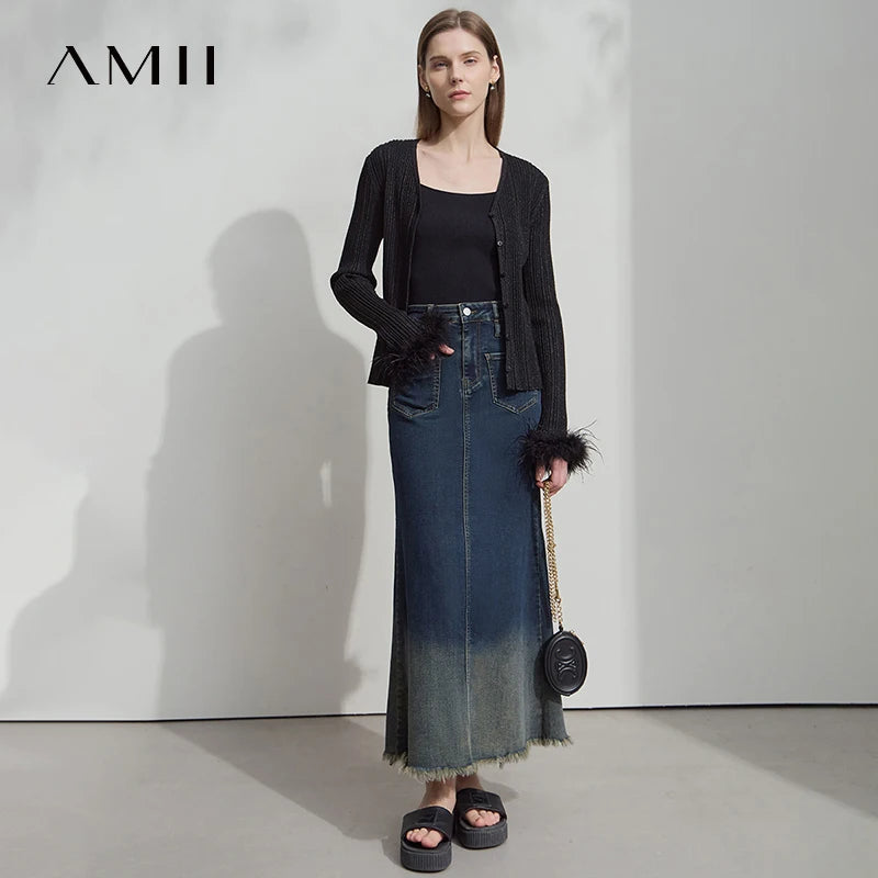 AMII Elegant Summer Skirts for Women 2026 Midi Straight Elastic Clothing Woman Fashion Gradient Denim Long Skirt Female 12552061