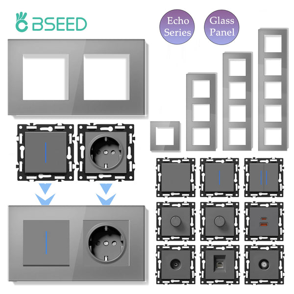 BSEED 1/2Gang Wall Light Switch With LED 65W EU Socket Module Part ST TV Internet Socket Part Glass Frame Free Comnbination