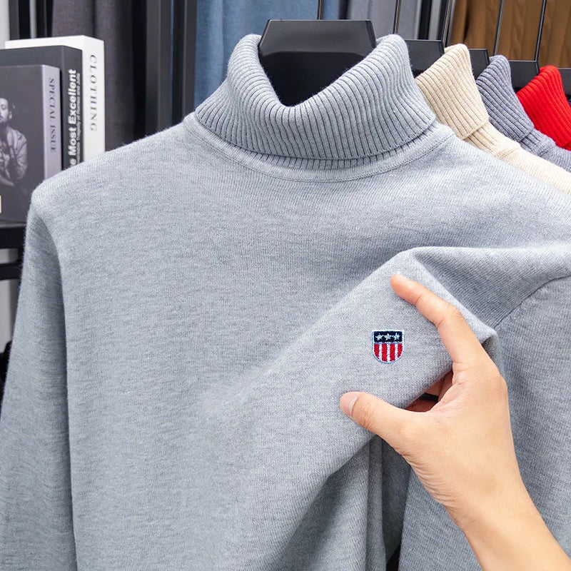 Men's Long-Sleeved High Neck Knitwear Embroidered Pullover Casual Fashion Autumn Winter Sweater for Daily Commute Versatile Styl