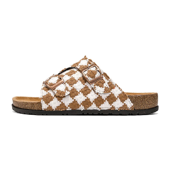 Vintage Plaid Cork Footbed Slippers Unisex Adjustable Double Buckle Flat Sandals Non-slip Summer Casual Shoes for Men Women