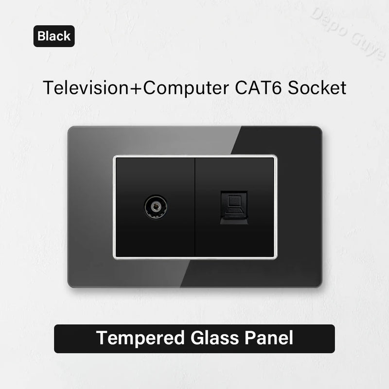 Type 118 Black Tempered Glass Panel EU Wall Light Switch,Europe Wall Socket With USB Type-c 18W Quick Charge Outlet 118*75mm