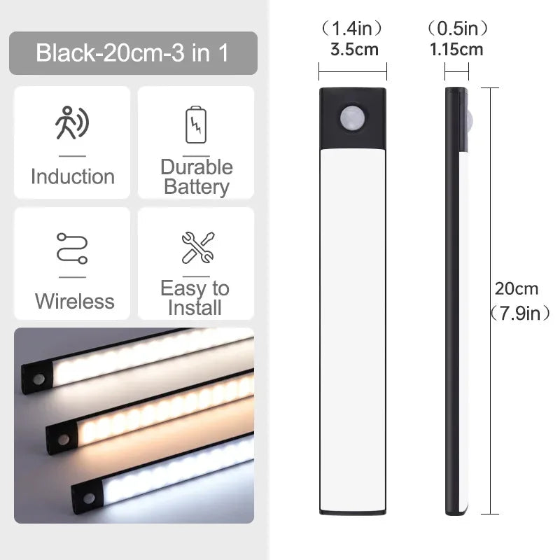 10-60CM Motion Sensor LED Night Light Wireless USB Rechargeable Under Cabinet Lights Ultra Thin Long Bar Lamp Kitchen Bedside