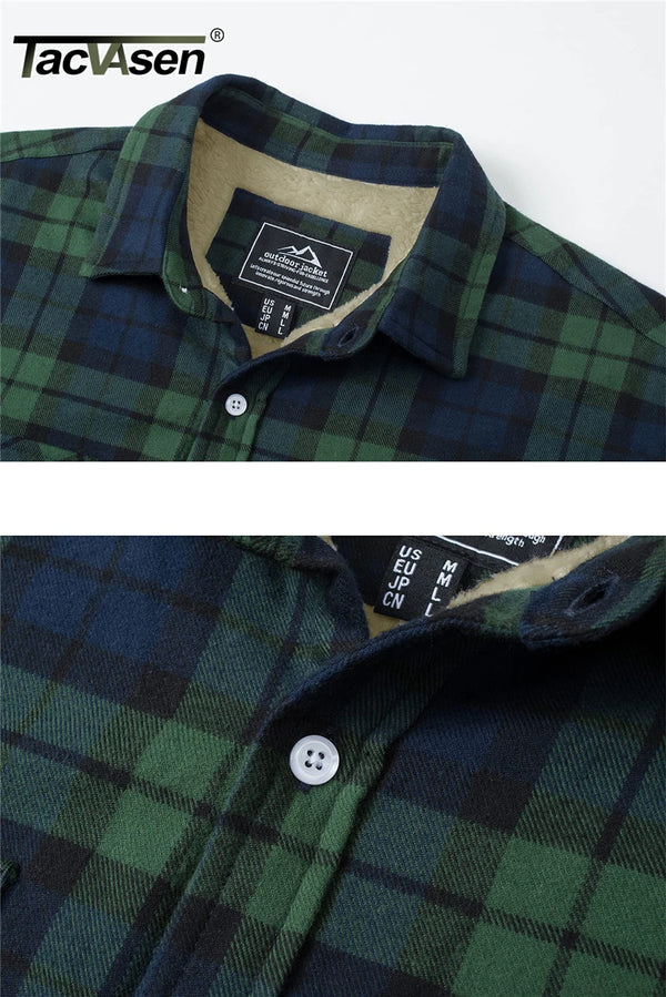 TACVASEN Fleece Lining Jackets Mens Flannel Cotton Jackets Plaid Casual Button Down Cargo Work Coats Thicken Outwear Man Tops