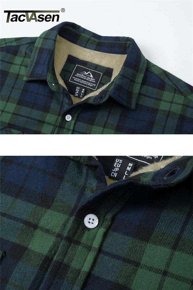 TACVASEN Fleece Lining Jackets Mens Flannel Cotton Jackets Plaid Casual Button Down Cargo Work Coats Thicken Outwear Man Tops