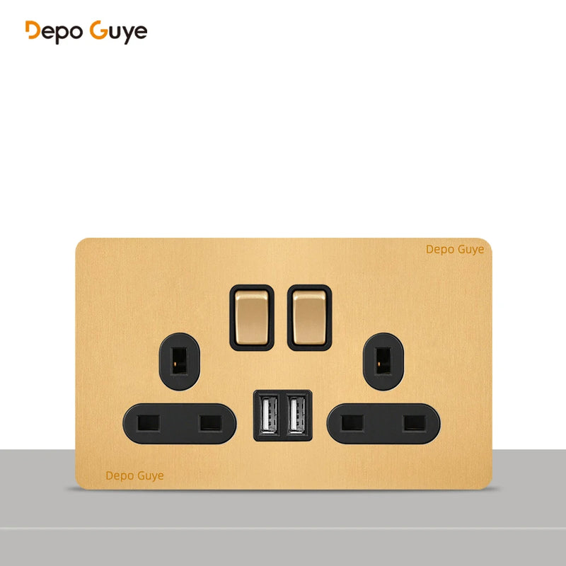 146 Type Retro Metal Panel UK 13A Wall Socket,Bronzed Stainless Steel Power Universal 3-pin Dual Power Socket With USB C charge