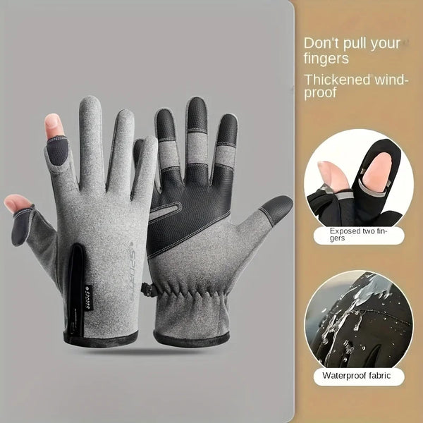 WRELS  Autumn Winter Warm Cycling Gloves Windproof Skiing Fish Touch Screen 2 Finger Flip Waterproof Thermal Anti-slip Gloves