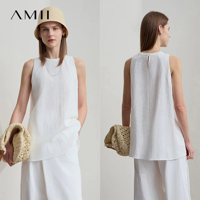 AMII Holiday Summer Vest Women 2026 Round Neck Solid Stitching Textured Ribbon Loose Vests Female Fashion Office Lady 12552045