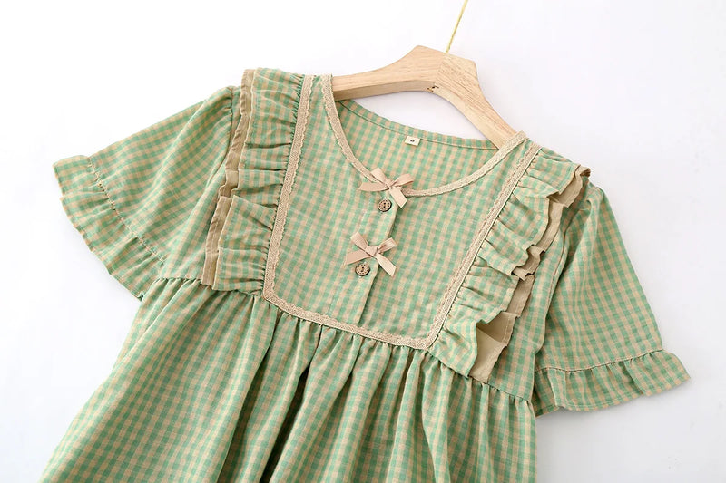 Women's Sleeping Clothes Casual Plaid Short Sleeve Cotton Nightgown Woman Sweet Bow Ladies Summer Home Wear Dress Night Shirt