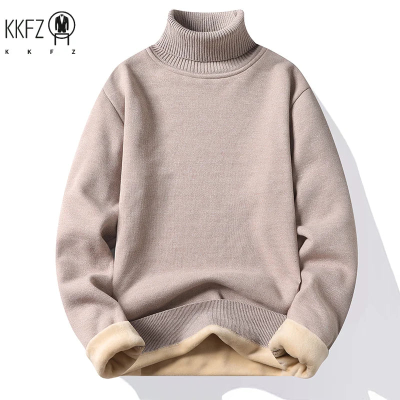 Male Long Sleeve Turtleneck Knit Top Thick Fleece Lining Warm Thermal Pullover Loose Fit Daily Casual Basic Clothes