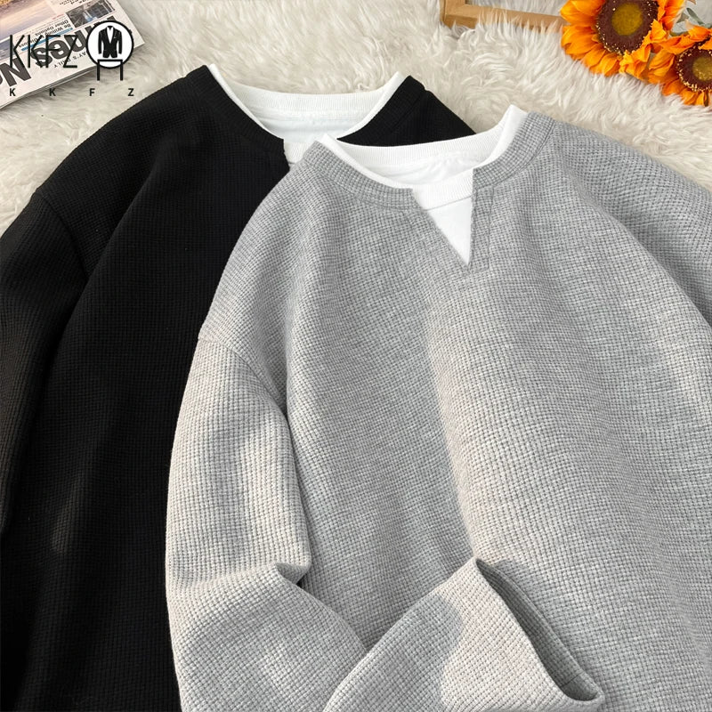 Mens Relaxed Fit Waffle Knit Shirt Long Sleeve Notch Neck Fake Layer Hem Trendy Urban Daily Fashion Outer Top