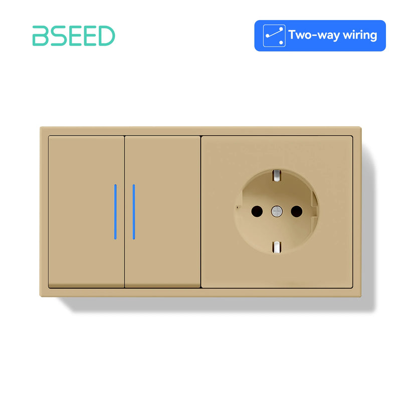 BSEED 1/2Gang 2Way Button Light Switch With EU Socket 20W AC Socket Plastic Frame Wall Switch On Off For Stairs LED Backlight