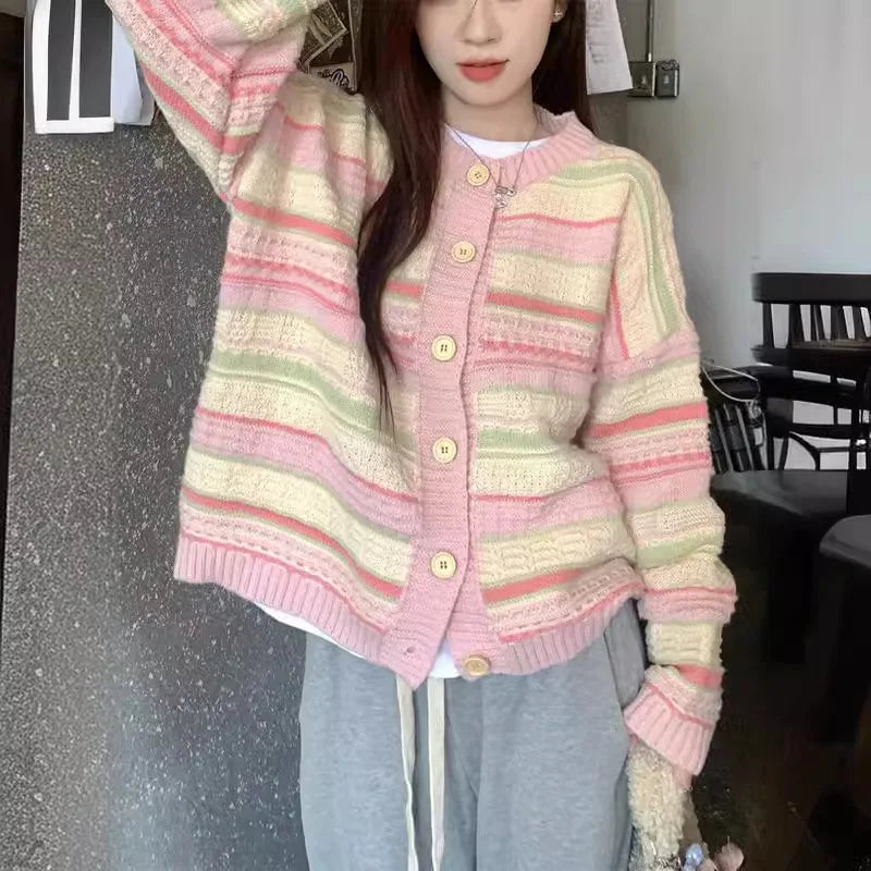 Soft Contrasting Color Striped Crew Neck Knitted Cardigan Coat Women's Autumn Winter Top Casual Sweater Jacket Knitwear Traf