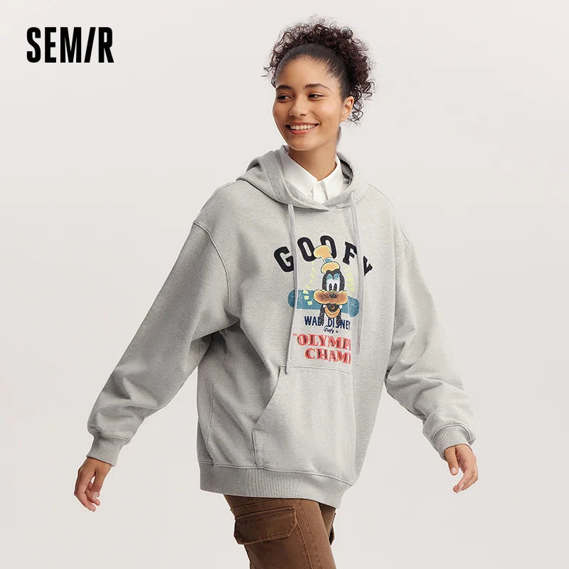 Semir Trendy Hoodie Women Spring Mid Length Hooded Loose Print Embroidery Heavyweight Stylish Streetwear Casual Top