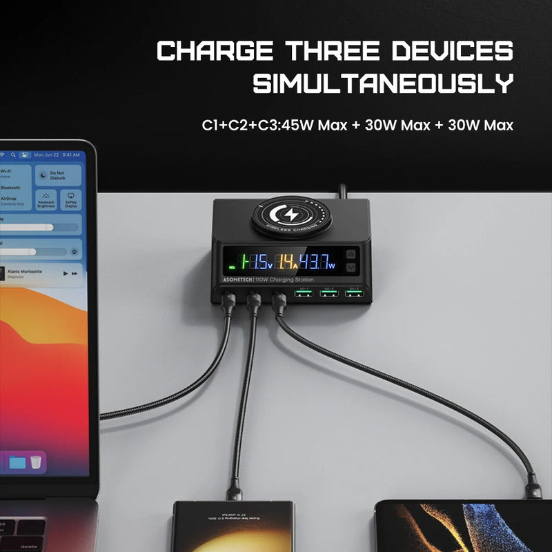 ឆ្នាំងសាកឥតខ្សែ 110W USB Multi Charger 6-Port Desktop PD QC 3.0 Type C Fast Charging Station សម្រាប់ iPhone Laptop Xiaomi Samsung