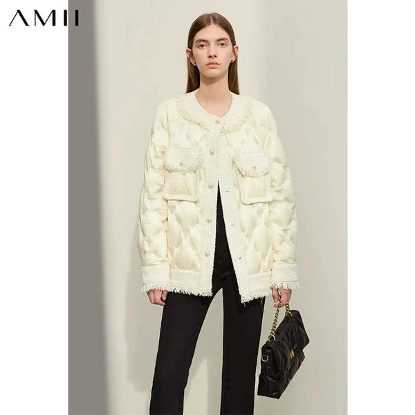 អាវរោមសត្វ AMII Minimalist Down Puffer សម្រាប់ស្ត្រី អាវ Tweed ក្លិនក្រអូបតូច 2026 រដូវរងាថ្មី កមូល លាយជាមួយគុជខ្យង 12344059