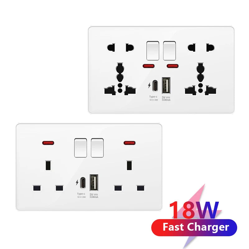 White UK Standard 13A USB Wall Socket Panel,Universal 18W Type-c Quick Charge Socket Plug,Wall Light Switch Electrical outlet