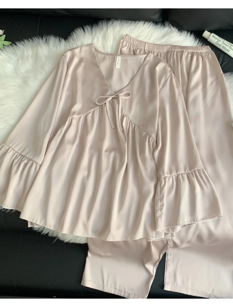 Thin Long Sleeve Pajamas V-neck Silk Pyjama Women's 2-piece Sets Spring Autumn Nightwear Female Sleep Elegant Sleepwear Pijama