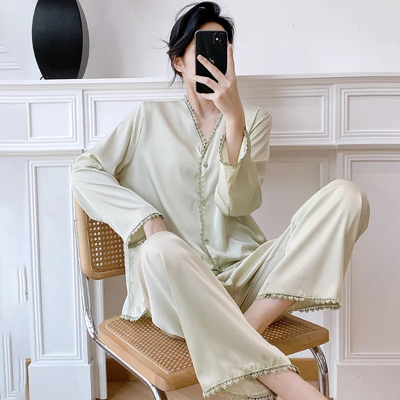 Night Wear Ladies Pajamas Nightwear for Woman Spring Autumn Long Sleeve Sleep Tops with Pants Sleepwear Women's 2-piece Sets