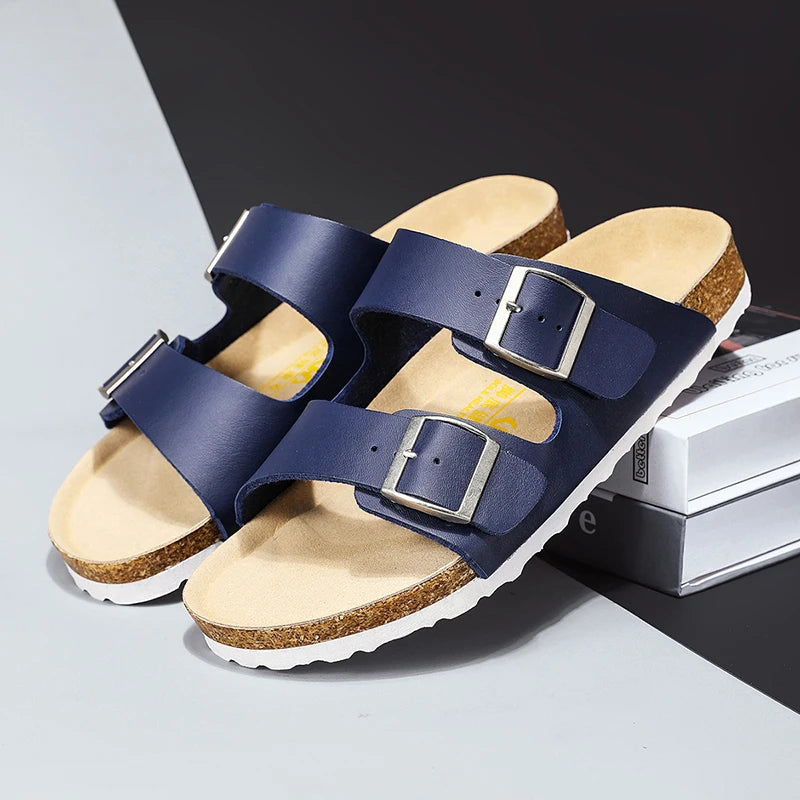 Plus Size 49 50 51 Men Women Cork Footbed Slide Sandals Double Adjustable Two Straps Buckle Flat Casual Summer Slip on Sandals