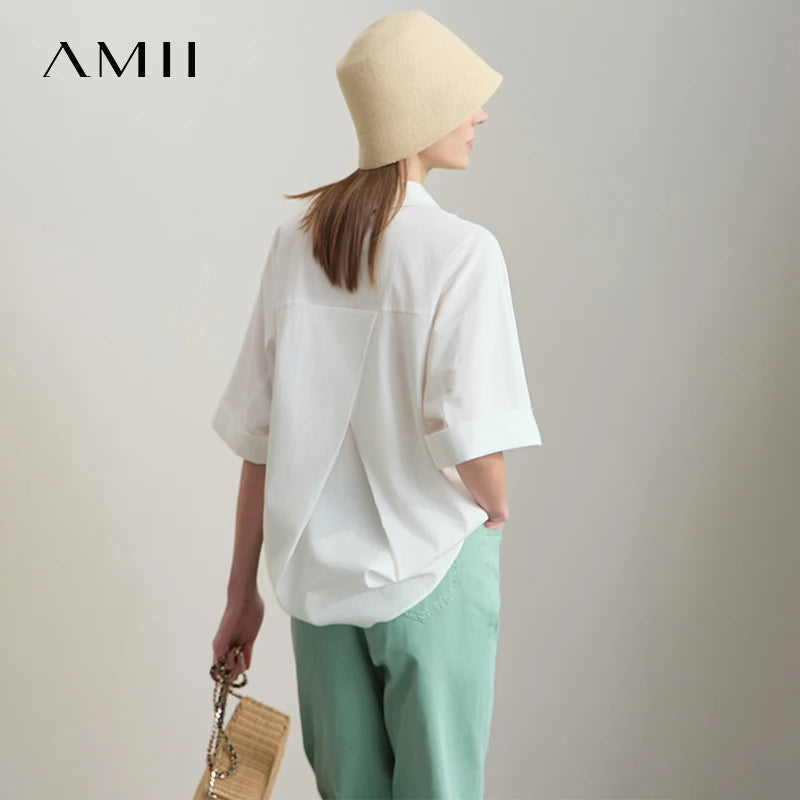 អាវ Amii Minimalist សម្រាប់ស្ត្រី ពណ៌រឹង ក V រចនាកអាវបត់ចុះក្រោម រលុង ស្ទីល Lyocell អាវ 12522053