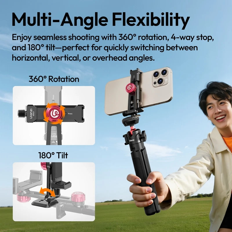 ក្ដាប់ទូរស័ព្ទ Ulanzi MA51 QuickClip ម៉ោនជើងកាមេរ៉ាជាមួយនឹងការបង្វិល 360° Uka បញ្ចេញរហ័សសម្រាប់ម៉ោនភ្លើងវីដេអូ Vlog ផ្សាយផ្ទាល់
