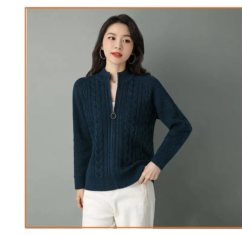 Half High Collar Zipper Knitted Cardigan Jacket Women Autumn Winter New Solid Color Long Sleeve Cardigans Thicken Sweater Coat
