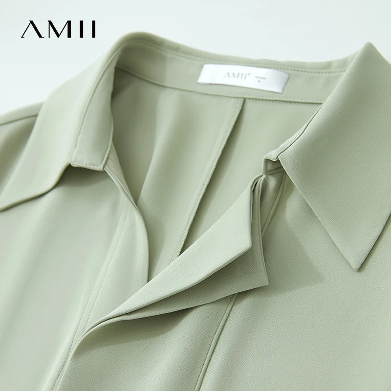 AMII Summer Office Lady Dresses Female 2026 Solid Short Sleeve Turn-down Collar with Belt Shirt Dresses Woman Fashion 12552048