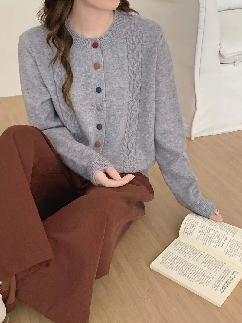 European Button Knitted Cardigan Women's Loose Lazy Style Single-breasted Long-sleeved Sweater Jacket Slim Top Female Knitwear