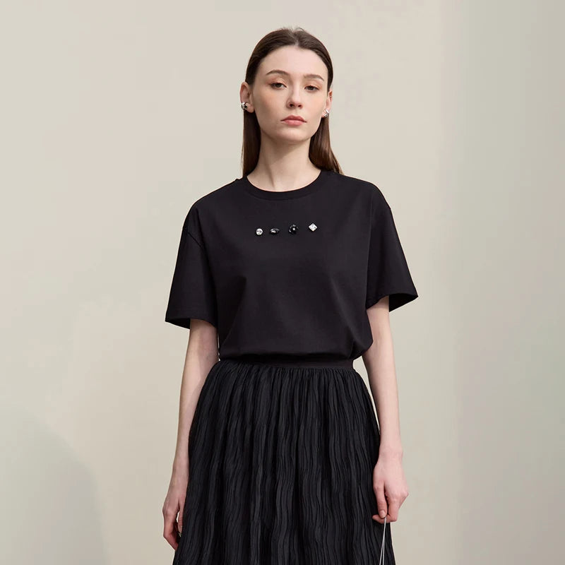 Amii Women's T-Shirt 2026 Summer New Rhinestone Cotton Short Sleeve T-shirts Women O-Neck Knit Tee Top Loose Clothing 12642019
