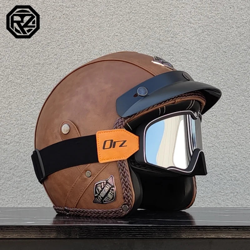 【ORZ】Retro Leather 3/4 Open Face Motorcycle Helmet, PU Leather Shell Cafe Racer Scooter Motorbike Half Helmet for Men Women