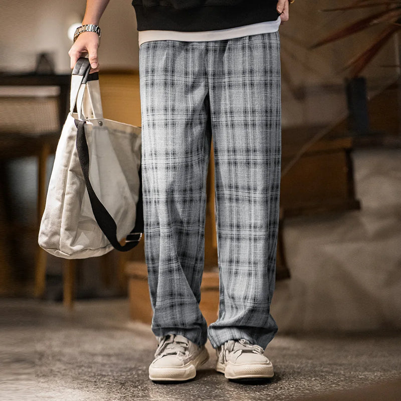 Maden Vintage Loose Fit Checkered Cargo Pants Men's Spring Lightweight Drawstring Waist Straight Trousers Casual Wide Leg Pants