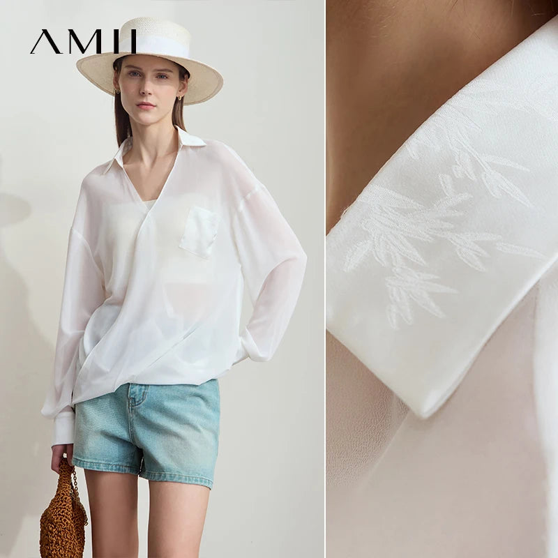 Amii Women 2026 Summer Chiffon Shirts Loose Solid V-neck Dropped Shoulder Long Sleeves Thin See Through Loose Blouse 12512024