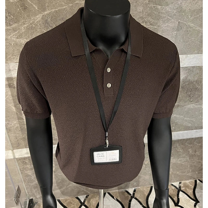 Men's Polo Shirt Knit Short Sleeve Casual Top Solid Color Stretchable Business Casual Top, Summer Pullover Knit Sweater