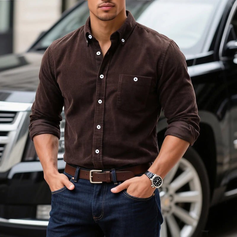 Men's Blue Long-sleeved Shirt, Corduroy Fabric Shirts, Asian-sized Fitted Top. Available in Red, Black, White, Green and Yellow.