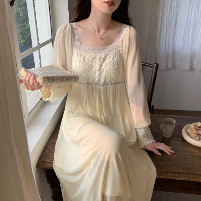 Spring Autumn French Nightgowns For Women Sleep Shirt Long Sleeved Mesh Modal Sleepwear Women's Nightwear Sweet Night Dress