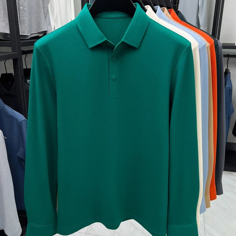 Men's Premium Long Sleeve Polo Shirt - Mercerized Pique Cotton, Seamless Collar and Cuff Design (12 Colors Available)