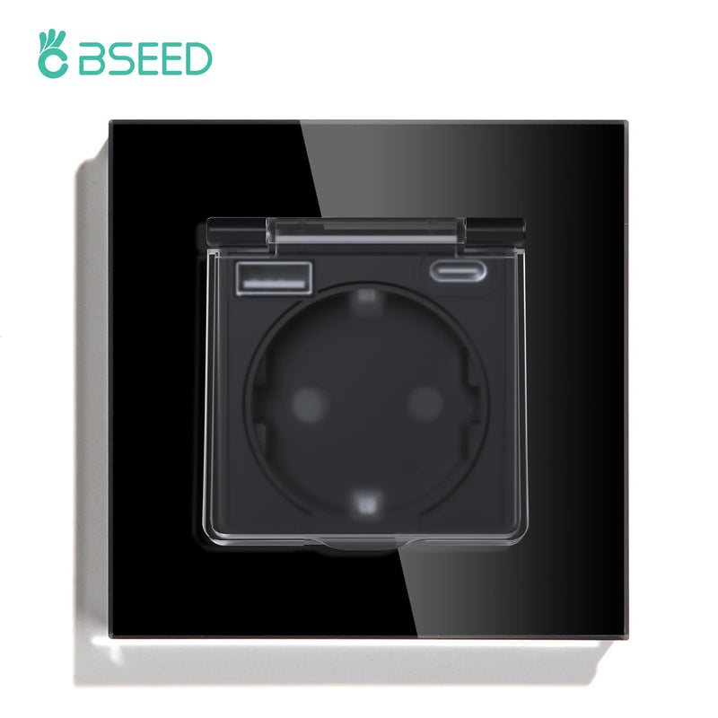 BSEED EU Standard Single Power Socket With Waterproof Cover Double USB Type-C Outlets Triple Plugs 16A Glass Panel 110-250V