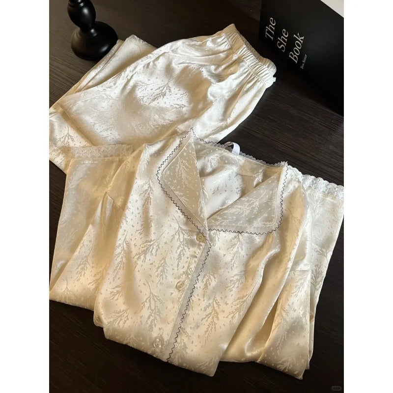 Ice Silk Women's Home Clothes Thin Two Piece Loungewear Spring Autumn Long Sleeve Sleepwear Nightwear Pijamas for Lady Pyjamas