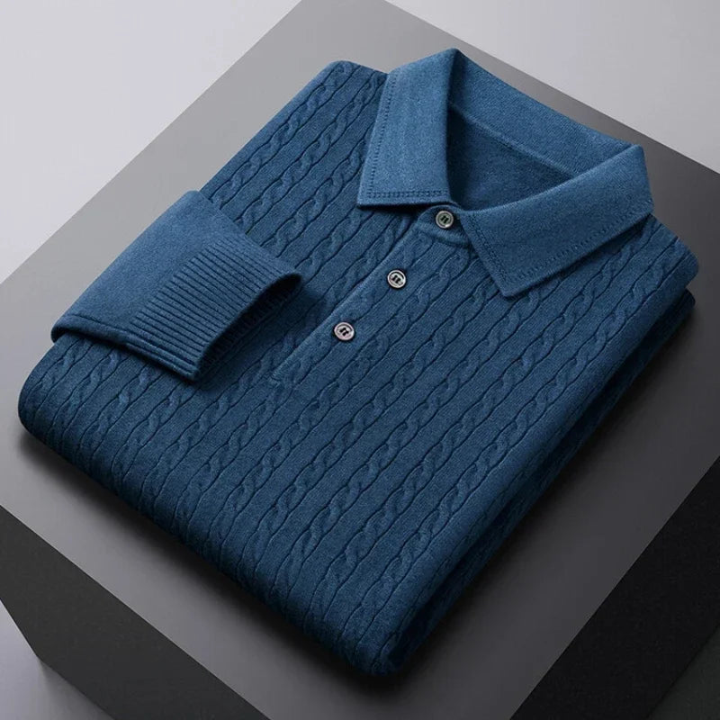 Men's Old Money Twisted Knit Solid Color Long Sleeve Polo Shirt - Business Casual Pullover Sweater for Autumn