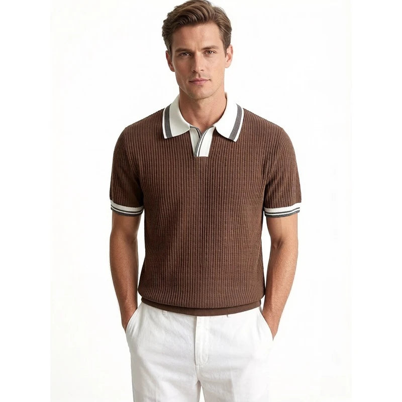 Men's Contrast Collar Polo, Old Money Style Knit Shirt,Stretchable, Breathable, Everyday Commuter Knitted Pullover.