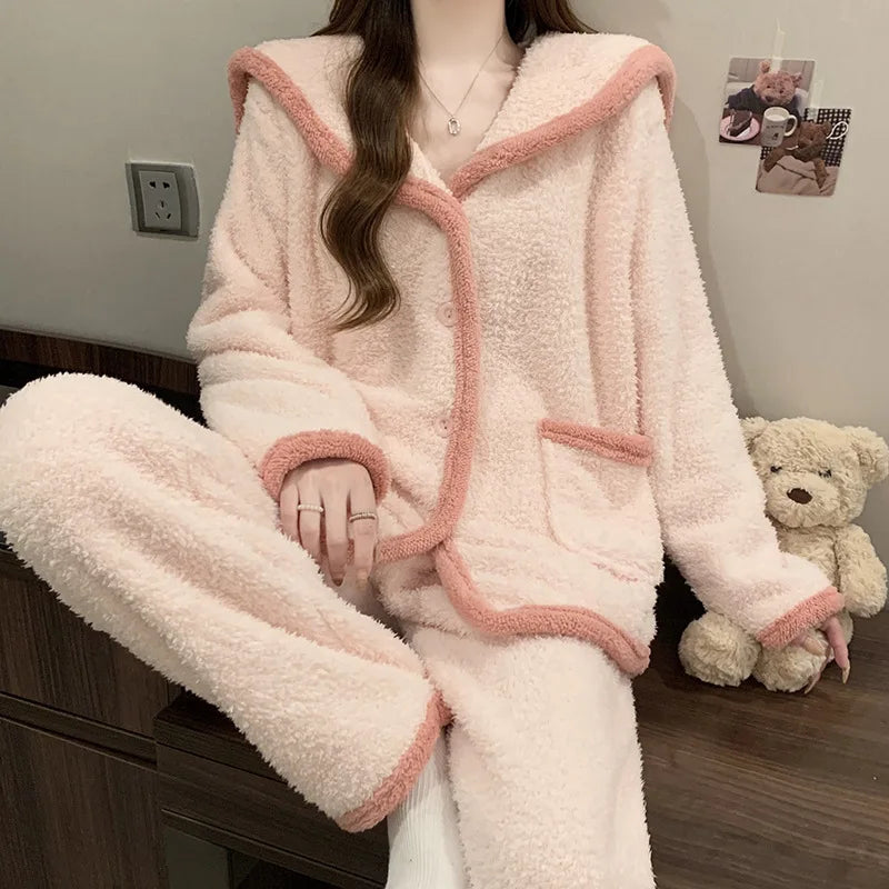 Pyjamas Femme Hiver Korean Soft Flannel Pajama Woman Winter Sleepwear Thick Warm Women's Home Clothes Casual Nightwear Set