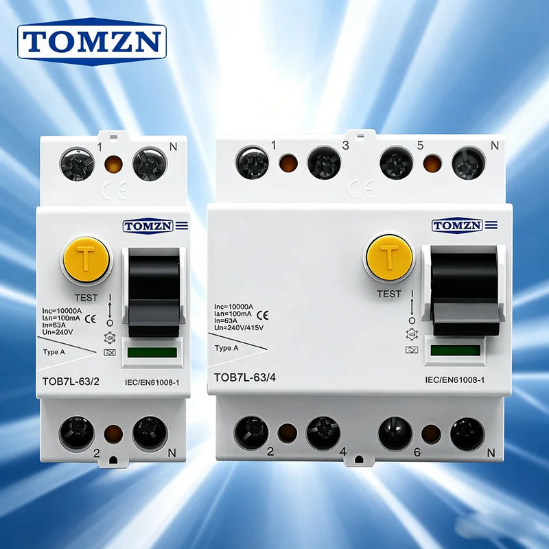 TOMZN Electromagnetic RCCB Residual Current Breaker – A/AC/B/F Type, 2P/4P, 40A/63A, 30/100/300mA, Anti-Electric Shock