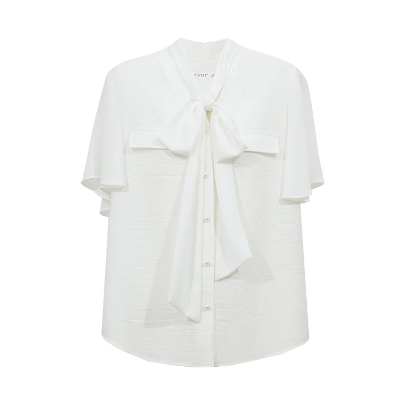 Amii Women's Blouse 2026 Summer New Linen Blend Tie Neck Flounce Sleeve Chiffon Tops Elegant Casual Shirt for Women 12622219