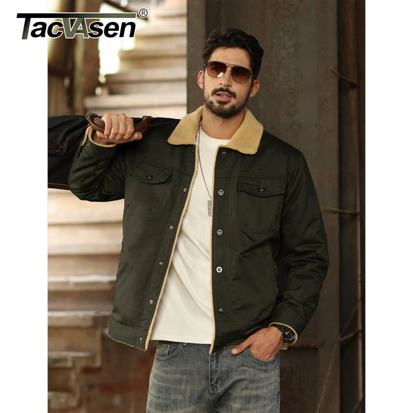TACVASEN Turn-down Collar Winter Cotton Jackets Mens Sherpa Fleece Trucker Parka Green Work Cargo Coats Clothes Overcoats
