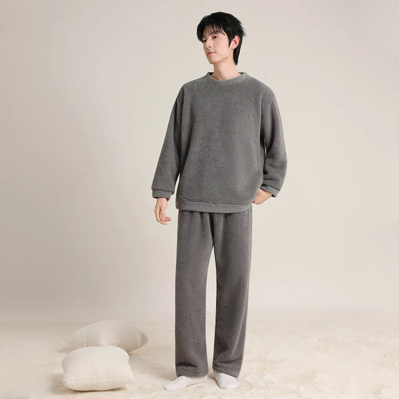 Couple Pajamas Set Coral Fleece Winter Warm Sleepwear Long Sleeve Thicken Women Pajama Loose Sleeping Clothes Home Wear Suit