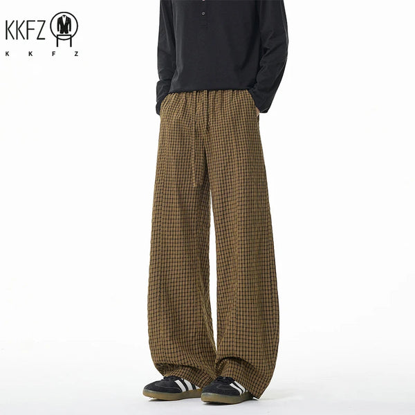 Men Relax Tapered Grid Pants Elastic Drawstring Waist Wrinkled Fabric Loose Baggy Cut Daily Casual Bottoms