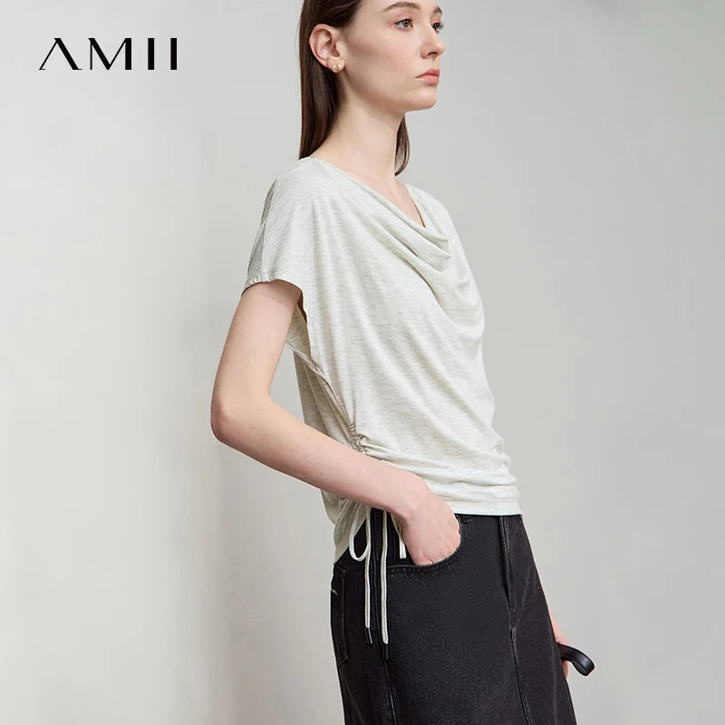 AMII Minimalist Soft Loose T-Shirt Summer Fashion Tees Unique Design Swing Neck Short Sleeve Knit Top Women Clothing 12512056